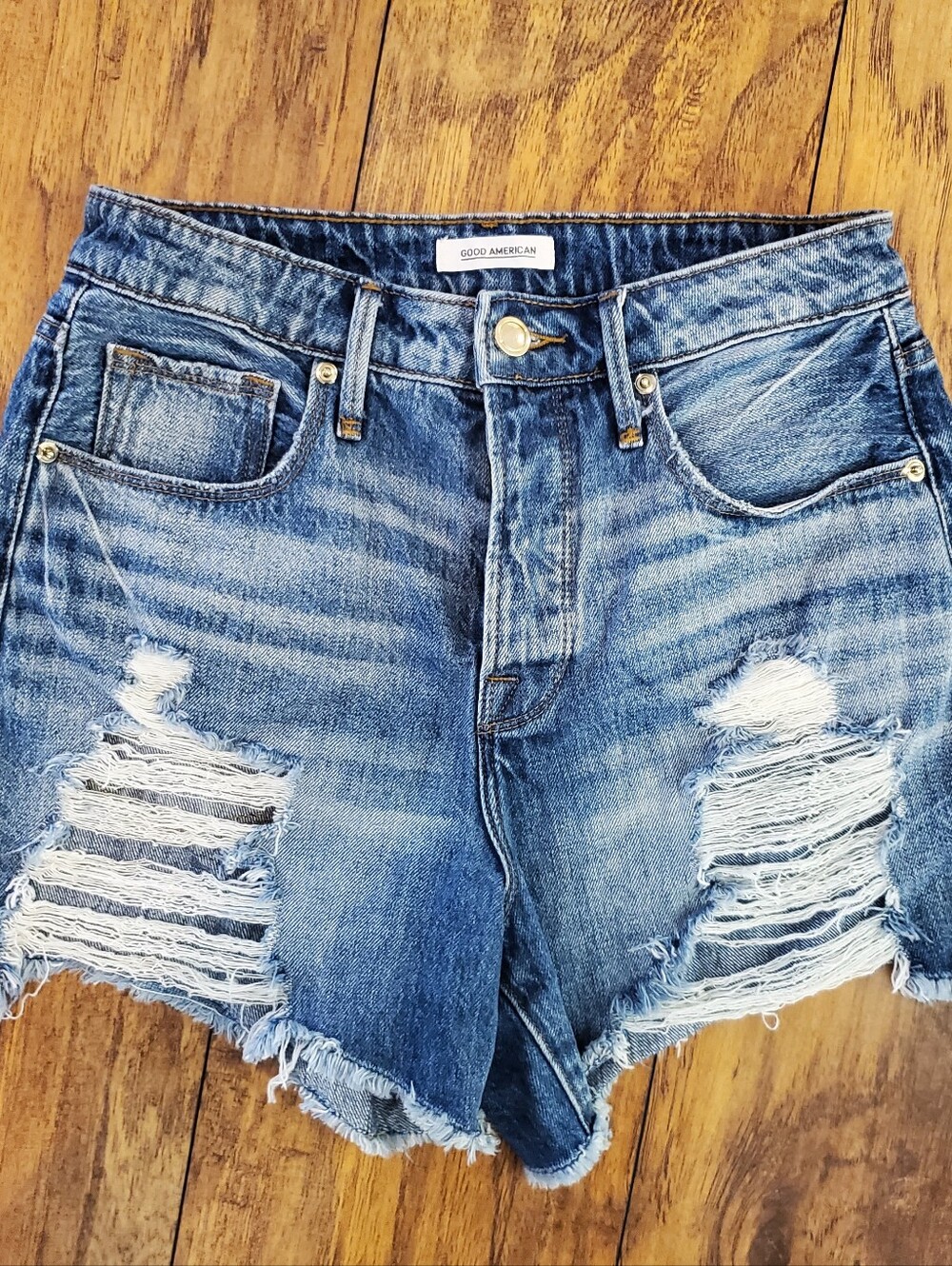 Good American Distressed Denim Shorts Size 0/25 High Rise Cutoff Jean Shorts